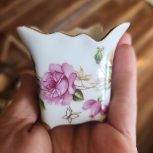 Lefton White Porcelain Floral Toothpick Holder with Pink Roses and Gold Trim